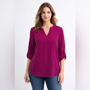Chaus Women’s Blouse Size M Fuchsia Pink Roll Tab 3/4 Sleeve High-low Top
